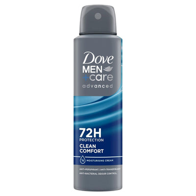 Dove Men+Care deodorant spray bottle on a white background