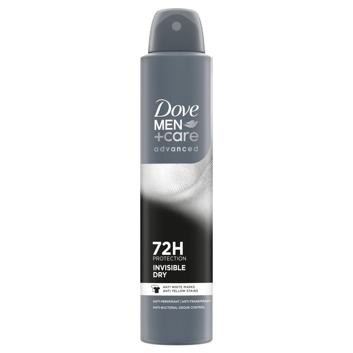 A Dove Men+Care Advanced Invisible Dry Antiperspirant Spray (150ml) can in gray, offering 72-hour protection and anti-white marks.