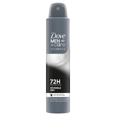 A Dove Men+Care Advanced Invisible Dry Antiperspirant Spray (150ml) can in gray, offering 72-hour protection and anti-white marks.