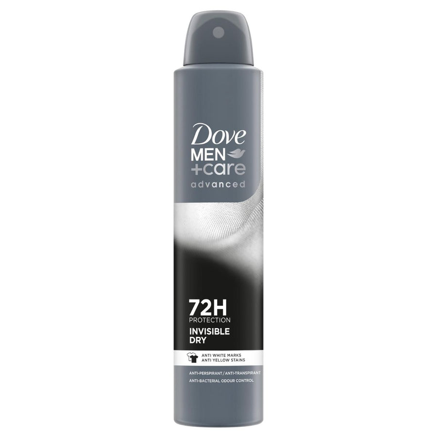 A Dove Men+Care Advanced Invisible Dry Antiperspirant Spray (150ml) can in gray, offering 72-hour protection and anti-white marks.
