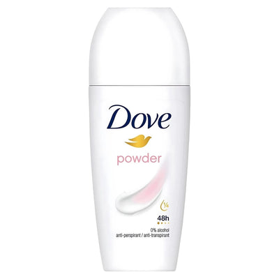 The Dove - Powder 48hr Anti-perspirant Deodorant (50ml) is a white roll-on bottle with branding, offering 48-hour sweat protection.