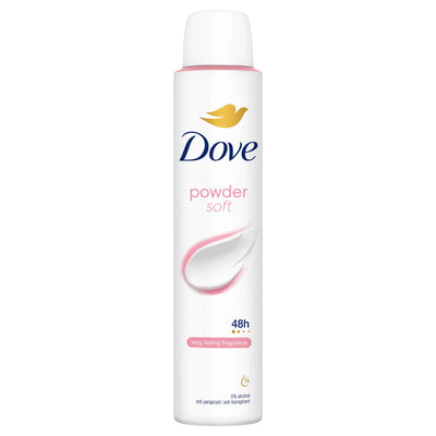 Dove - Powder Soft Anti-Perspirant Deodorant (150ml) offers 48-hour protection and long-lasting freshness in a white spray can with pink and gold accents.