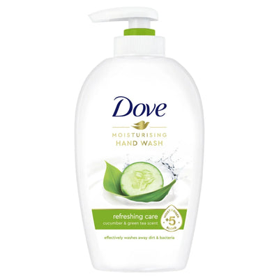 Dove moisturizing hand wash bottle with cucumber and green tea scent on a white background