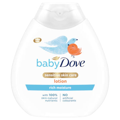 A 400ml bottle of Baby Dove Rich Moisture Baby Lotion for sensitive skin.