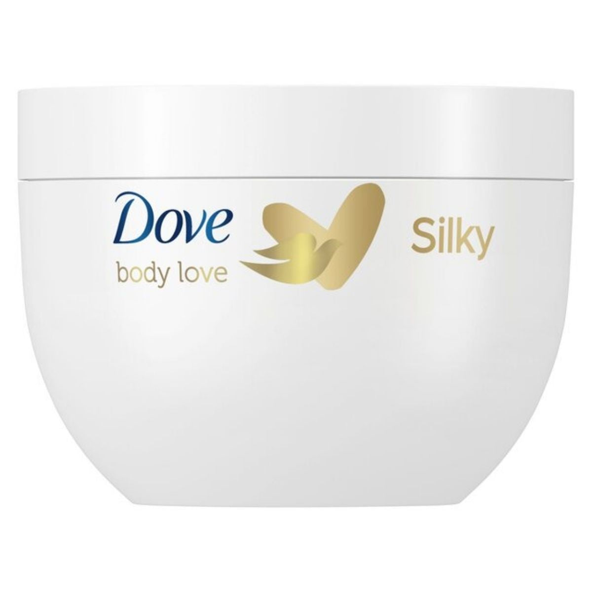 The Dove Silky Body Cream, featuring a 300ml container with a gold dove logo and text, provides smooth and nourished skin through deep hydration for a luxurious feeling.