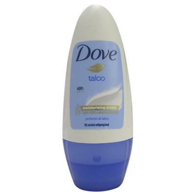 Dove - Talco Deodorant Roll-On 50ml offers 48h odour protection and moisturizing cream in a sleek white and blue bottle.