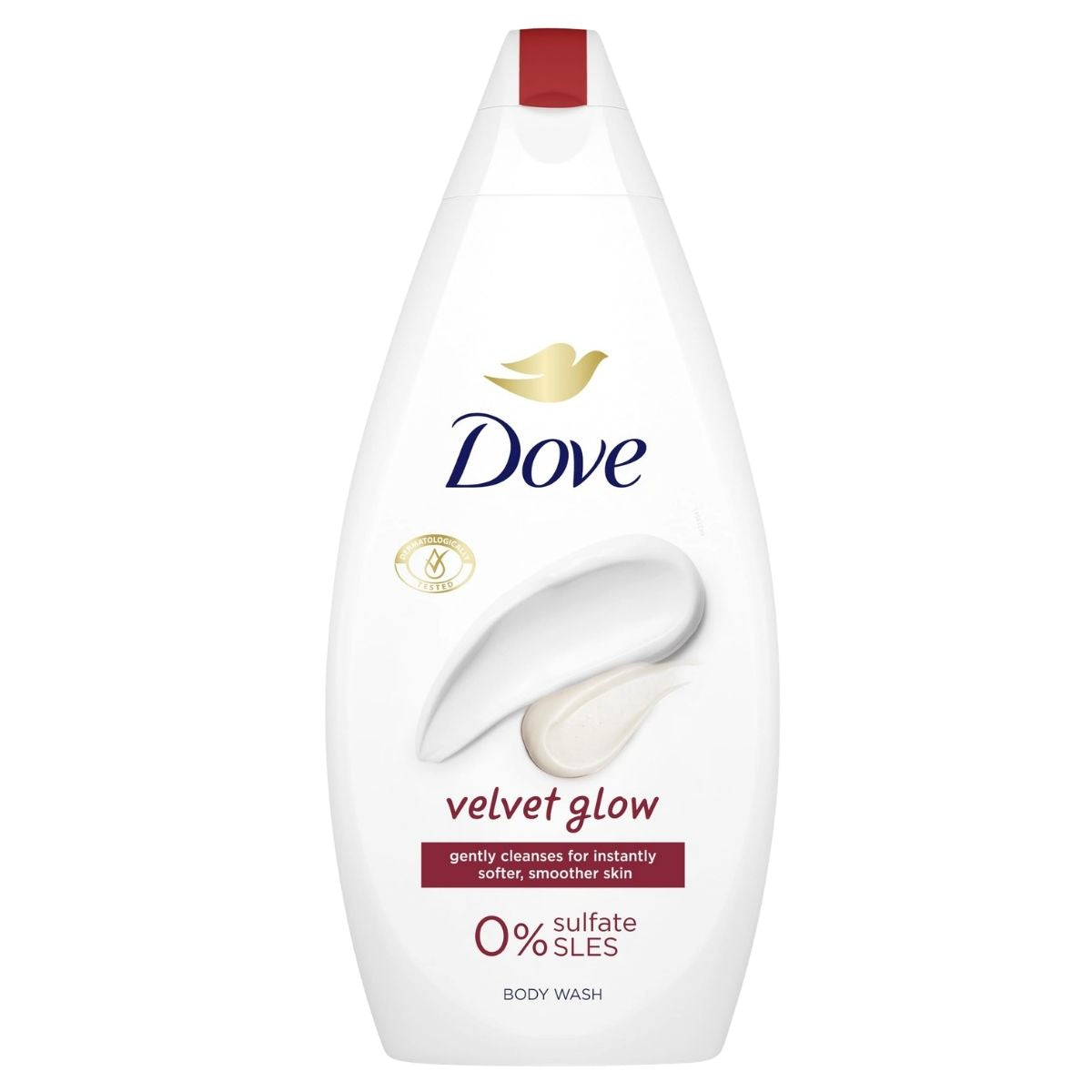 Dove velvet glow body wash bottle on a white background