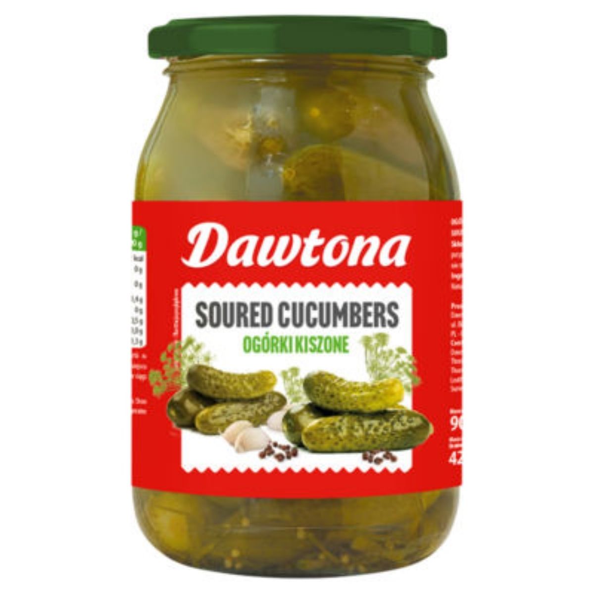 Jar of Dowtona sour cucumbers with a green lid, featuring a label that showcases images of cucumbers, garlic, and spices.