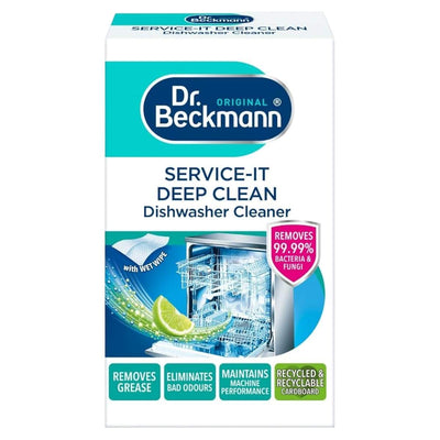 Dr. Beckmann Deep Clean Dishwasher Cleaner 75g removes grease, reduces bacteria, eliminates odours, and comes in recyclable packaging.