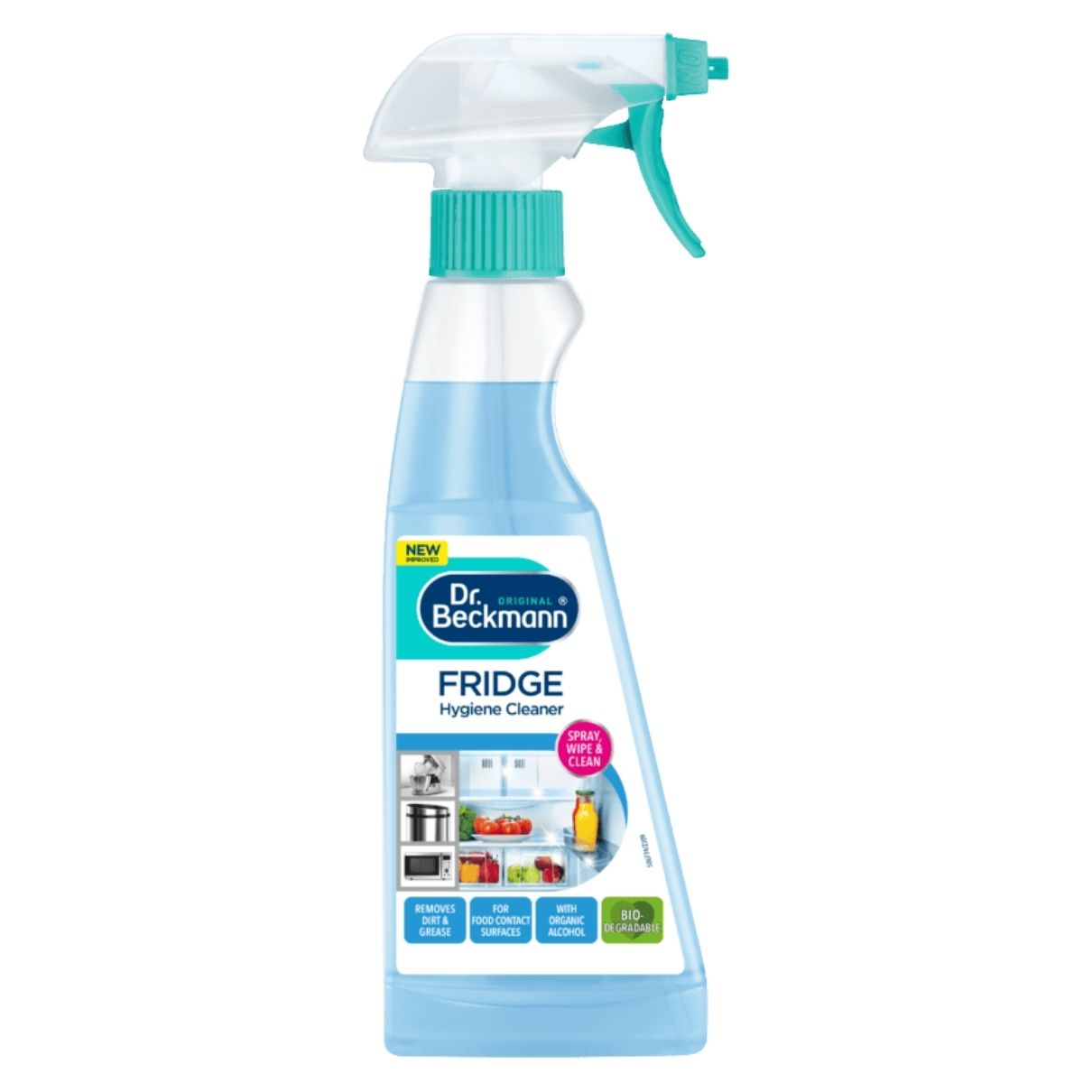 Dr. Beckmann Fridge Hygiene Cleaner spray bottle on a white background