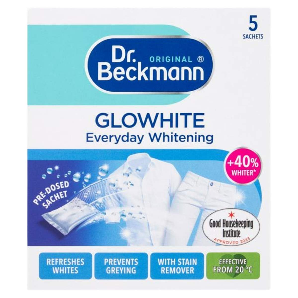 Box of Dr. Beckmann Glowhite Everyday Whitening with packaging details on a white background