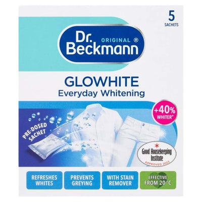 Dr. Beckmann - Glowhite Everyday Fabric Whitener (5 Sachets) for white laundry, refreshes whites, prevents greying, and includes stain remover and optical brighteners.