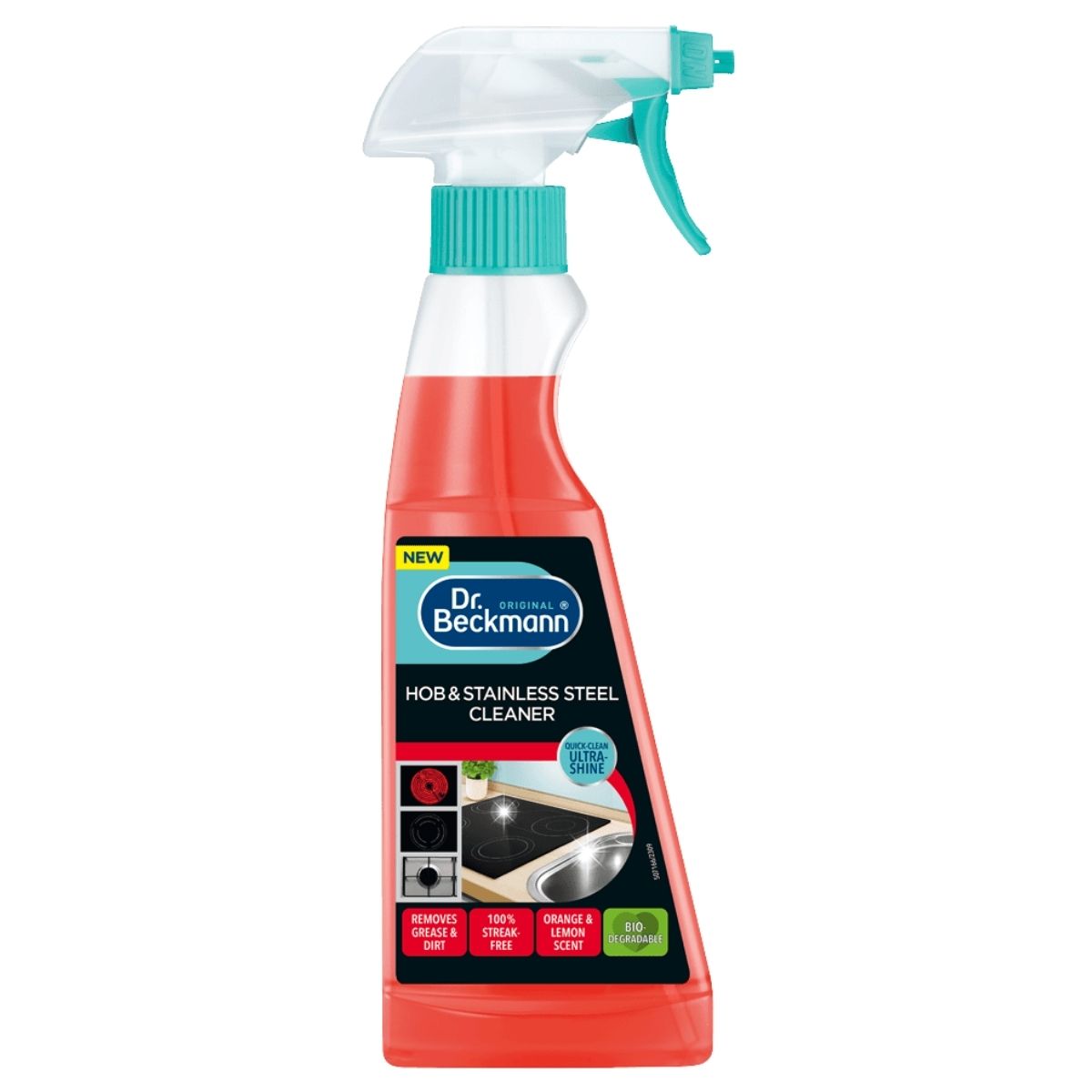 Dr. Beckmann Hob & Stainless Steel Cleaner spray bottle on a white background
