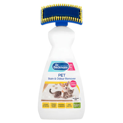 A 650ml bottle of Dr. Beckmann Pet Stain & Odour Remover with brush applicator effectively removes tough pet stains and odours. The label features images of a dog and cat.