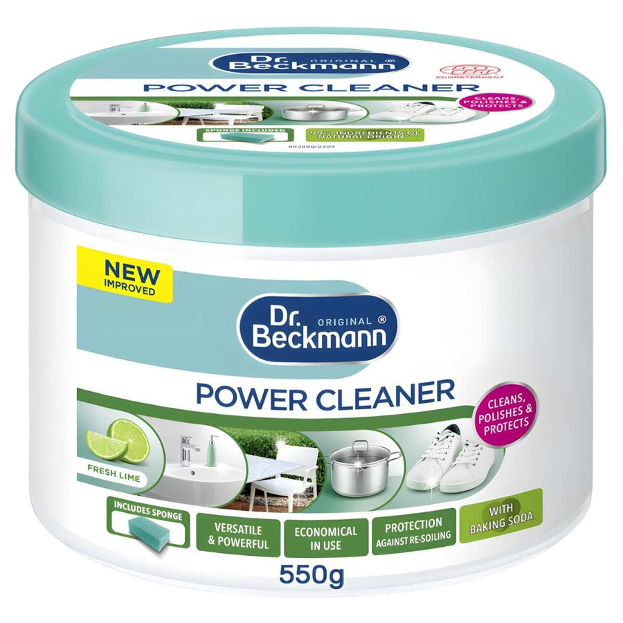Dr. Beckmann Power Cleaner 550g tub with green lid features product labels highlighting a fresh lime scent, stainless steel cleaning versatility, and includes a sponge.