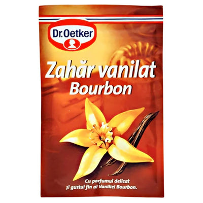The Dr. Oetker - Bourbon Vanilla Sugar 8g packet displays vanilla flowers and beans on a brown background, emphasizing the rich flavor of Bourbon vanilla sugar.