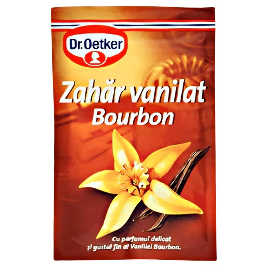 The Dr. Oetker - Bourbon Vanilla Sugar 8g packet displays vanilla flowers and beans on a brown background, emphasizing the rich flavor of Bourbon vanilla sugar.