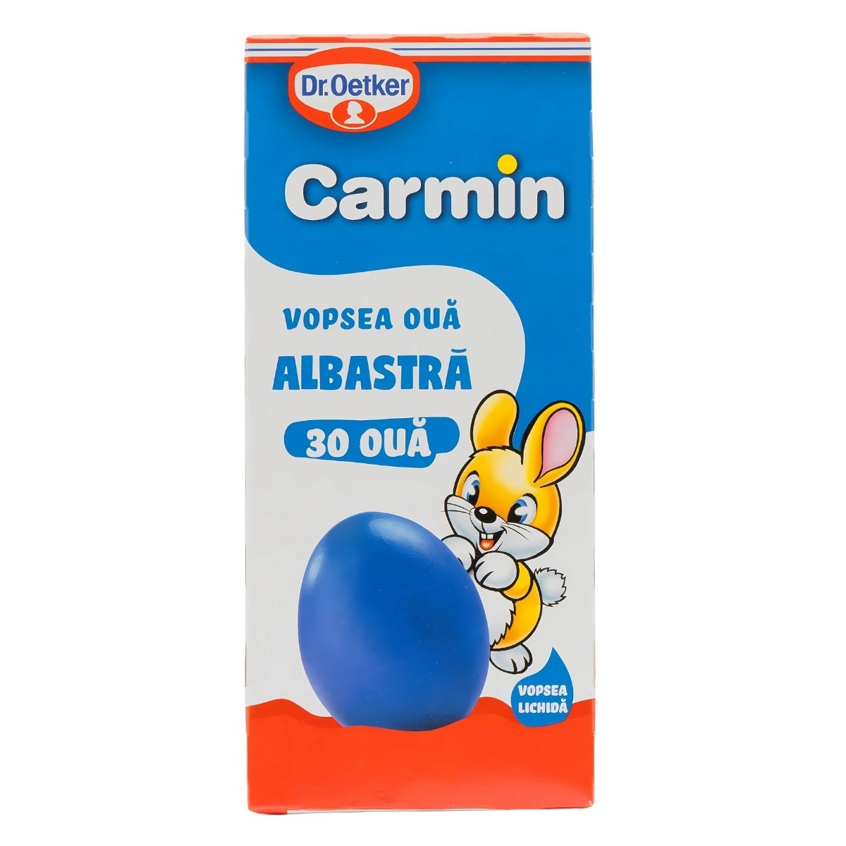 Dr. Oetker - Carmin Albastra Liquid Paint for Eggs (Blue), 6g, can dye up to 30 eggs, ideal for Easter decorations. The packaging shows a cartoon rabbit holding a blue egg.