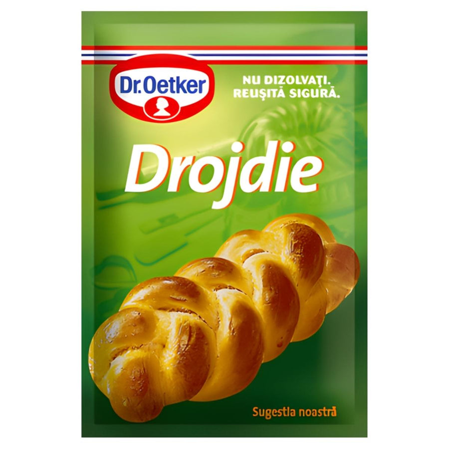 Dr. Oetker - Dry Yeast - 7g: A packet of Dr. Oetker dry yeast, shown with a braided bread image on a green background and Romanian text—ideal for your baking needs.