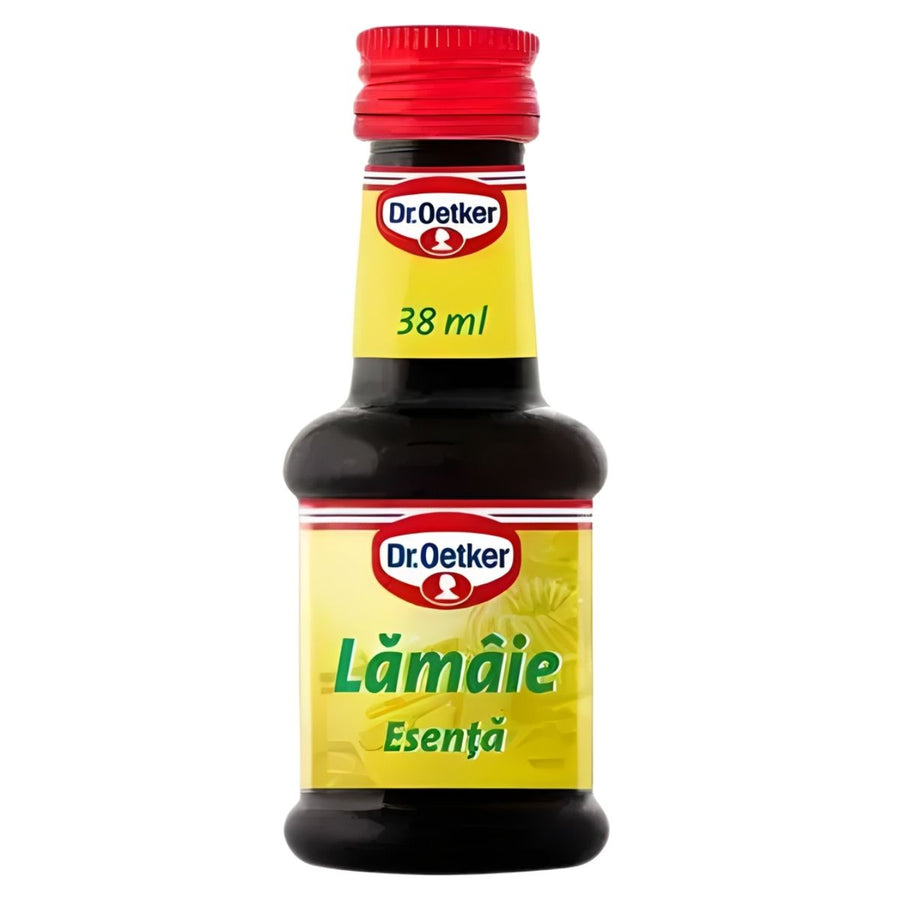 Dr. Oetker - Lemon Essence - 38ml: Natural lemon flavour, ideal for baking. Features a yellow label and red cap.