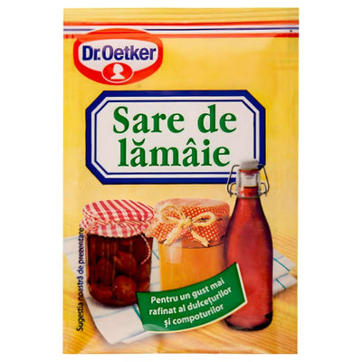 Dr. Oetker Lemon Salt 8g (citric acid) features images of preserved fruits and jars on the packaging, ideal as a seasoning for a variety of recipes.