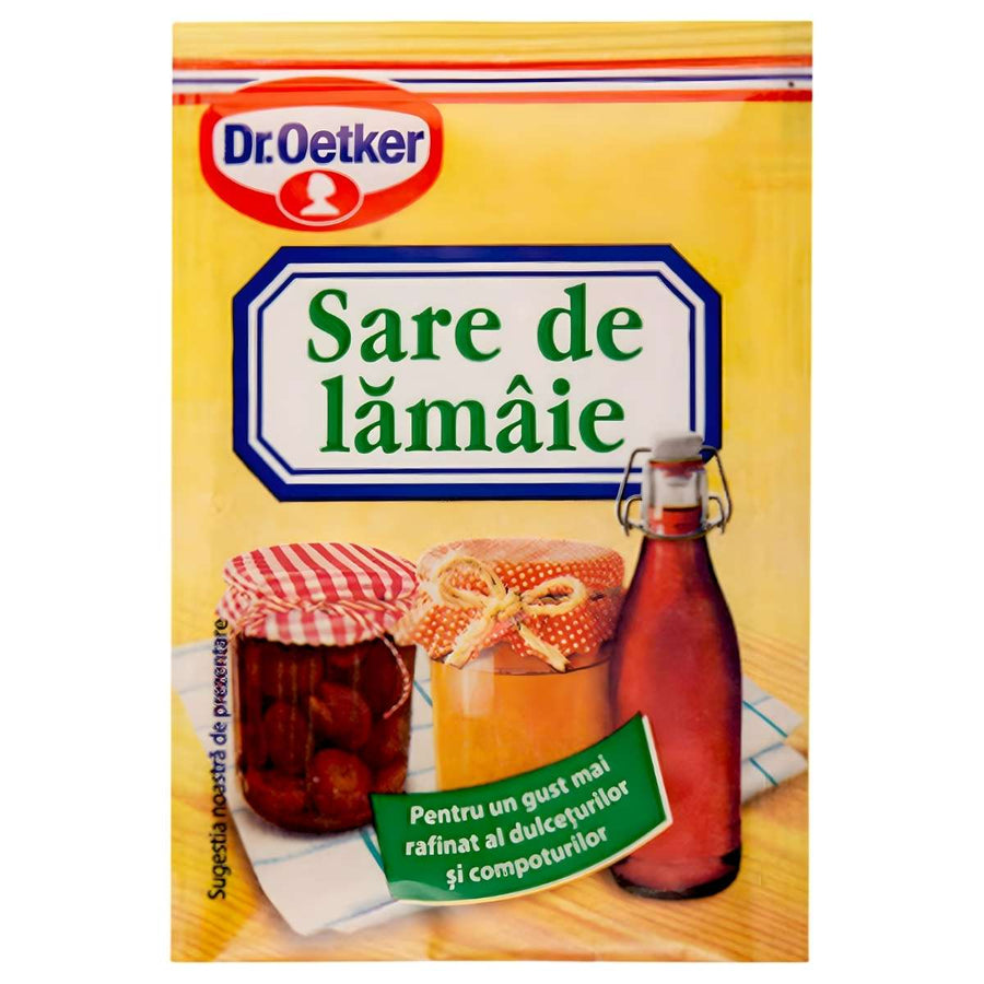 Dr. Oetker Lemon Salt 8g (citric acid) features images of preserved fruits and jars on the packaging, ideal as a seasoning for a variety of recipes.