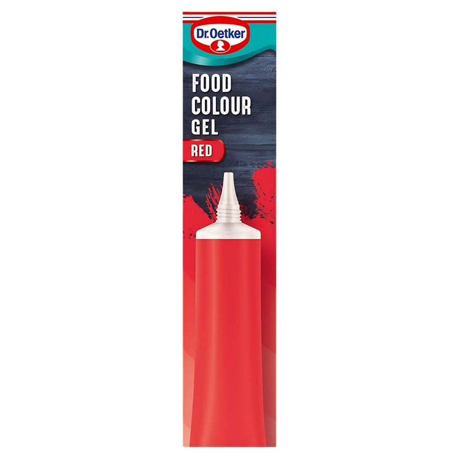 Dr. Oetker Red Gel Food Colour (15g) comes in vibrant red packaging with a white nozzle—ideal for colouring cakes and decorating your favourite sweet treats.