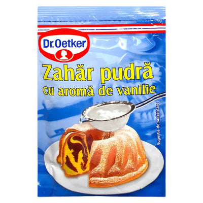 An 80g blue packet of Dr. Oetker Sugar Powder with Vanilla Flavour is shown, featuring a marble bundt cake dusted with powdered sugar on a plate.
