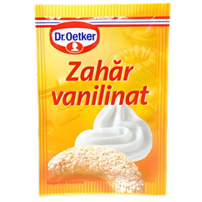 A yellow 8g packet of Dr. Oetker Vanilla Sugar, ideal for baking, with images of whipped cream and a powdered sugar cookie on the front.