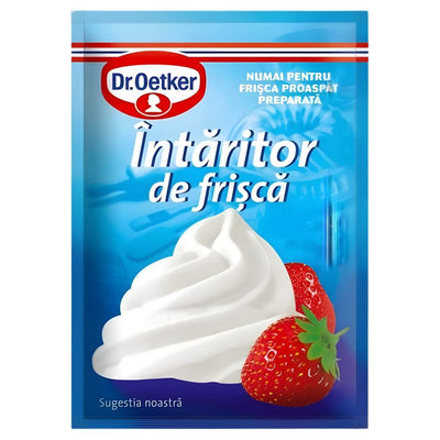 Dr. Oetker - Whipped Cream Strengthener 8g pack features whipped cream topped with a strawberry on the front, ideal for cake decorating, with packaging set against a blue background.