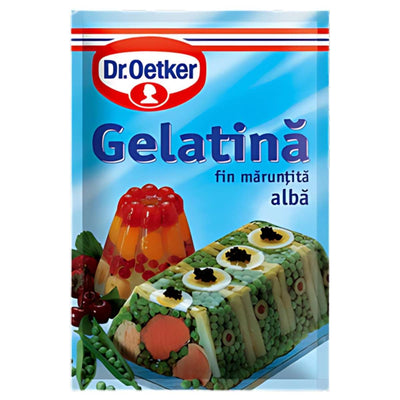 Dr. Oetker - White Gelatine 10g: Ideal for desserts, this pack shows appetizing gelatin dishes on the front and features Romanian labeling.