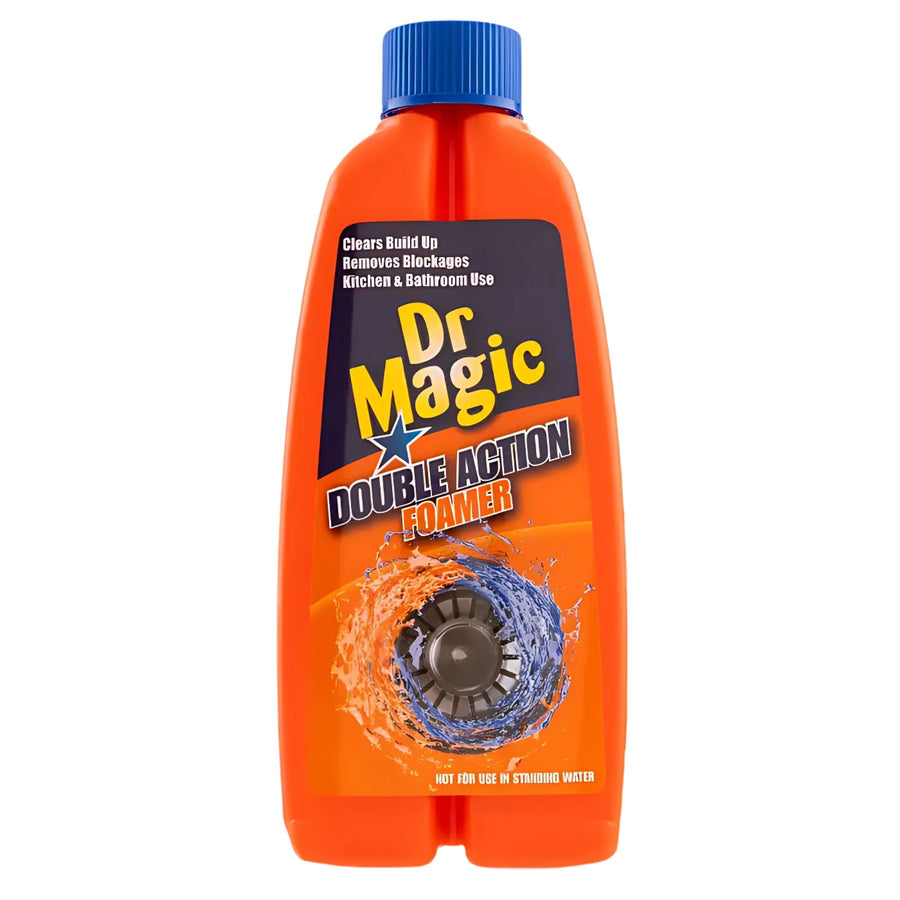 An orange 500ml bottle of Dr Magic Double Action Foamer with a blue cap and label, designed for clearing blocked kitchen and bathroom pipes—safe for septic tanks.