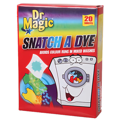 Dr Magic - Snatch A Dye (20 sheets) by Dr Magic features a cartoon washing machine and provides tips to prevent colour run in mixed laundry loads.