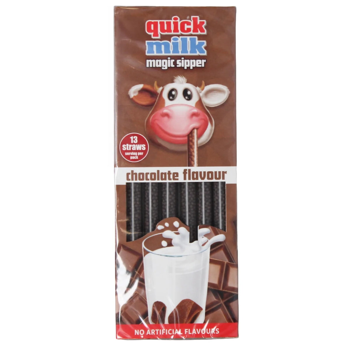 Package of Dr Moo Quick Milk Sipper Chocolate, containing 13 straws, featuring a cartoon cow and a glass of milk splashing with chocolate squares in the background.