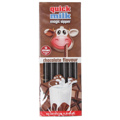 Package of Dr Moo Quick Milk Sipper Chocolate, containing 13 straws, featuring a cartoon cow and a glass of milk splashing with chocolate squares in the background.
