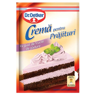 Dr.Oetker Berry Flavour Cake Cream Mix 50g packaging shows a layered chocolate cake topped with pink berry cream and a mint garnish, labeled "Crema pentru prăjituri.