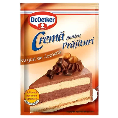 A 55g packet of Dr.Oetker Chocolate Flavour Cake Cream, ideal for creating a rich and smooth frosting for cakes, shown with an image of a layered chocolate and vanilla cake slice topped with chocolate decorations.