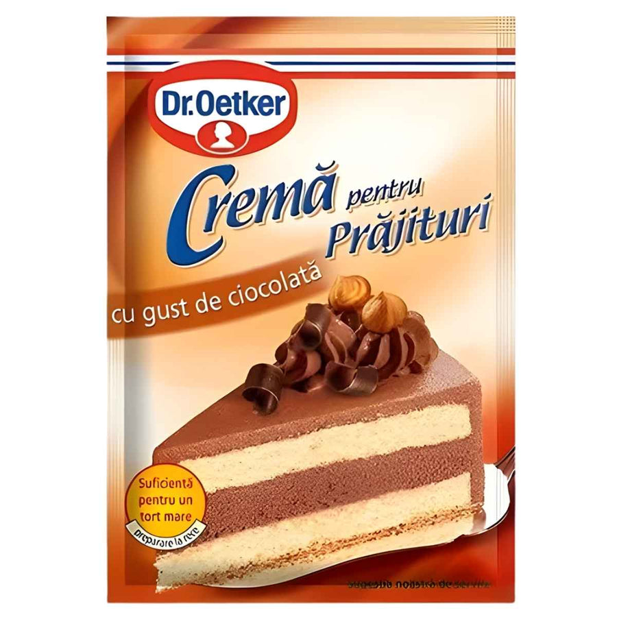 A 55g packet of Dr.Oetker Chocolate Flavour Cake Cream, ideal for creating a rich and smooth frosting for cakes, shown with an image of a layered chocolate and vanilla cake slice topped with chocolate decorations.
