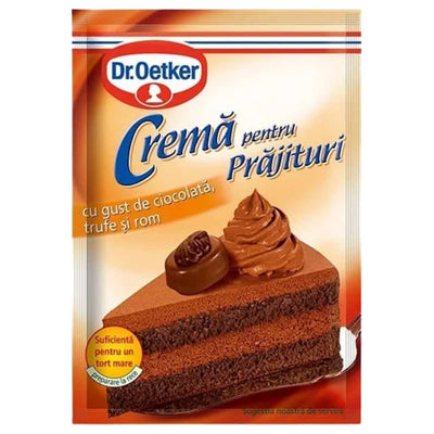 Dr. Oetker - Chocolate Flavour Cake Cream, Truffle & Rum Flavour (57g) packet featuring an image of a chocolate cake slice with rich chocolate cream, delicately infused with truffle and rum flavour and elegant decorations.