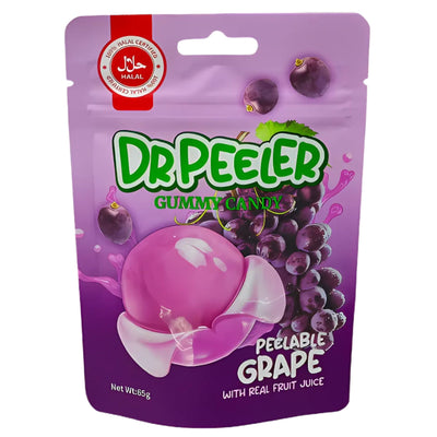 Dr Peeler - Grape Juice Gummy Candy (65g) features natural grape flavor, real fruit juice, images of grapes and peeled gummy on the pack, and is labeled halal.
