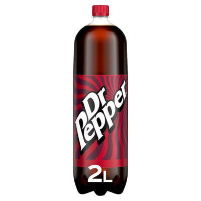 Dr Pepper - 2L comes in a plastic bottle with a red and black label featuring its iconic logo, showcasing a bold blend of 23 flavors.