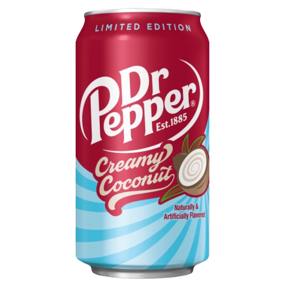 Dr Pepper - Cream Coconut Drink (355ml): a limited edition, red and blue can featuring a coconut image, "Naturally & Artificially Flavored" text, made with carbonated water and caffeine.