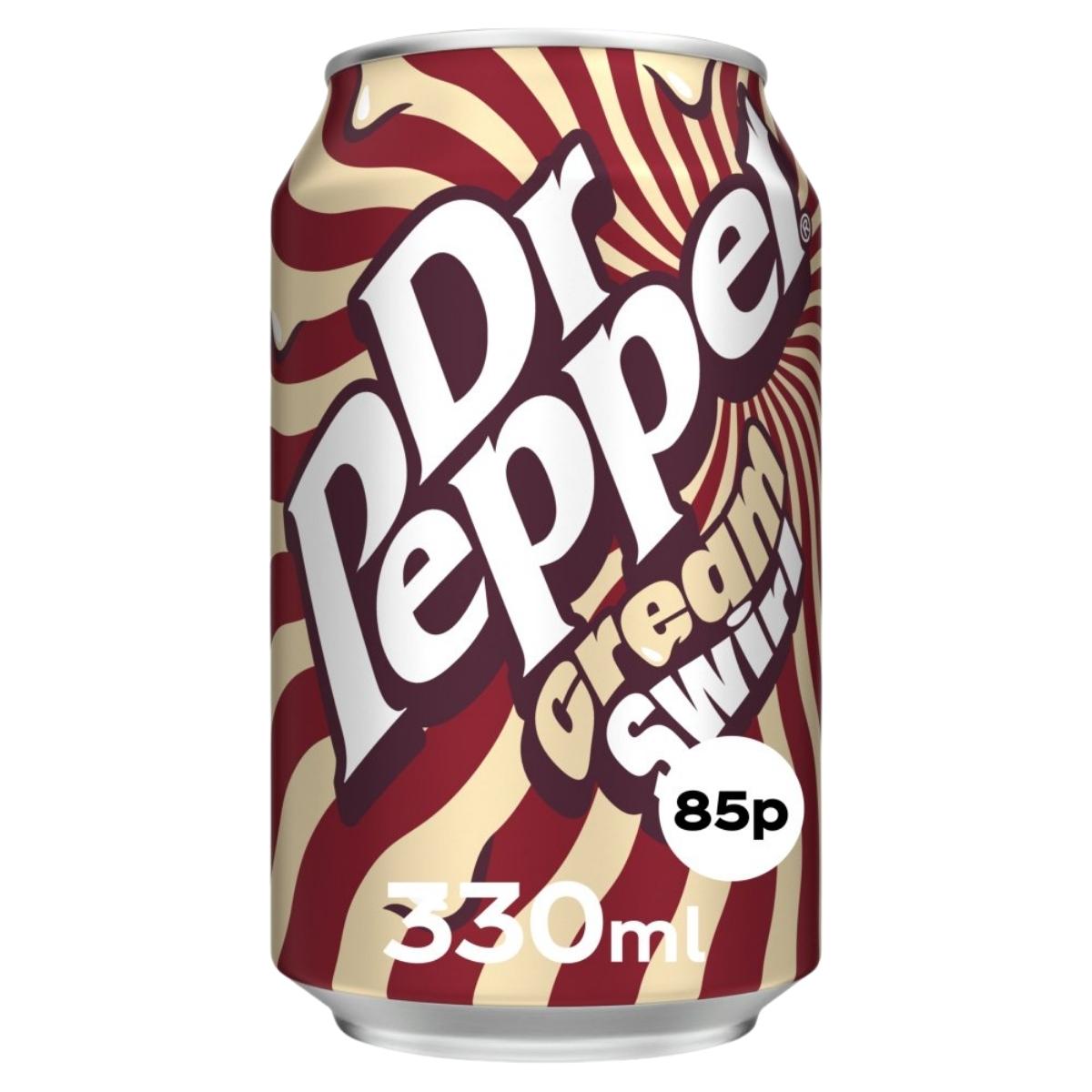 A 330ml can of Dr Pepper - Cream Swirl soft drink from Dr Pepper, featuring a red and cream swirl design, is priced at 85p.