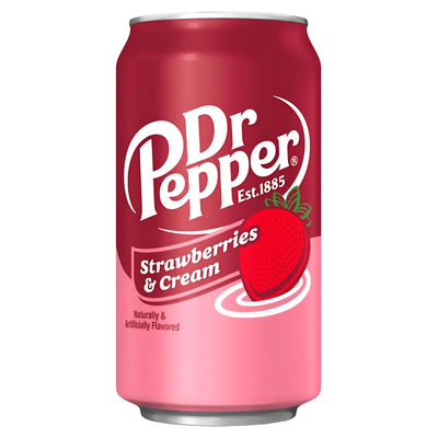 A 355ml can of Dr Pepper Strawberries & Cream, a creamy soft drink from Dr Pepper with a red and pink design, strawberry graphic, and white text.