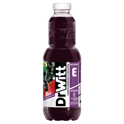 A 1-litre plastic bottle of Dr Witt Blackcurrant & Pomegranate Antioxidant Drink with a purple label, featuring blackcurrants and highlighting vitamin E content.