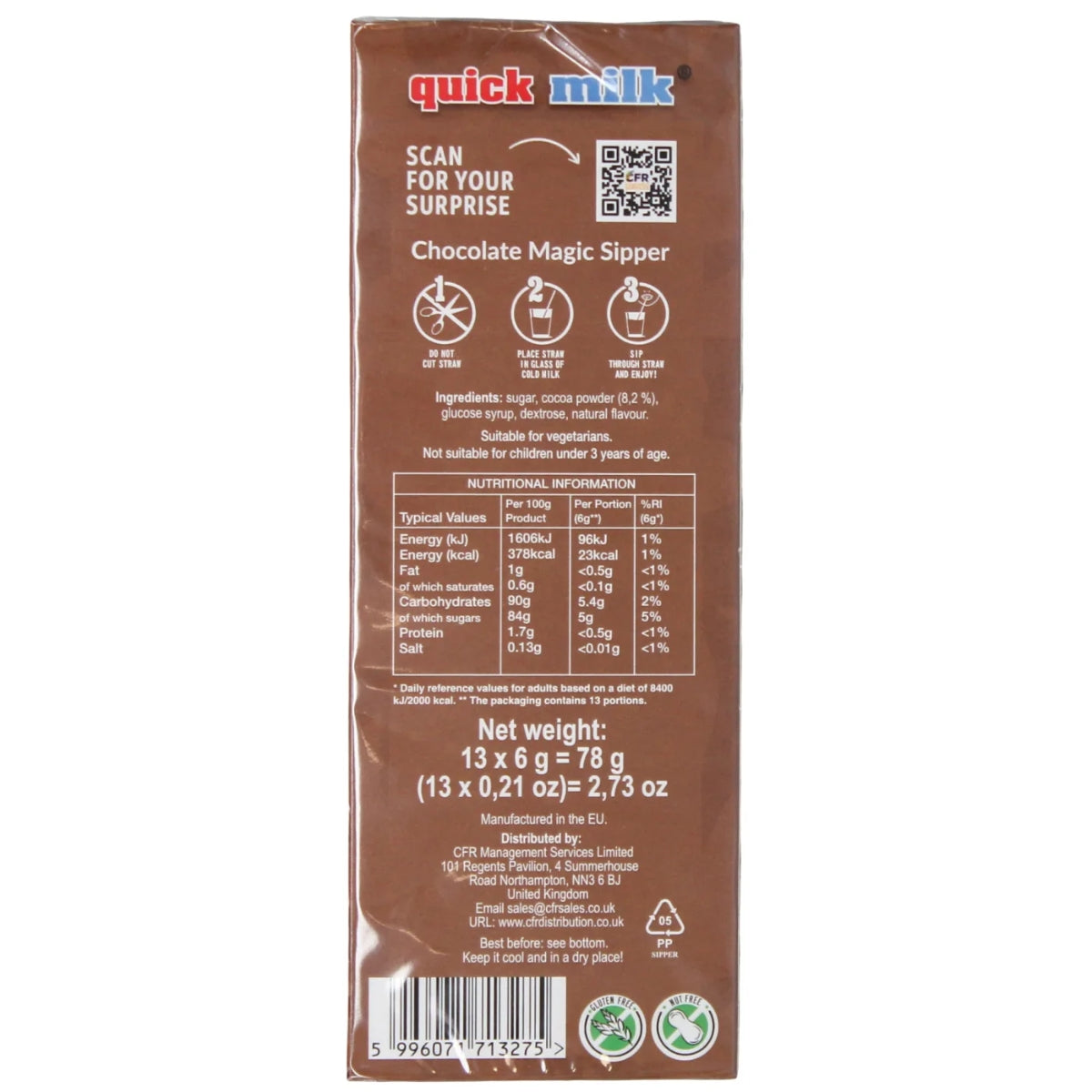 Back of a Dr Moo Quick Milk Sipper Chocolate (13 Straws) box featuring ingredients, nutritional information, barcode, QR code, net weight, and company details on a brown background.