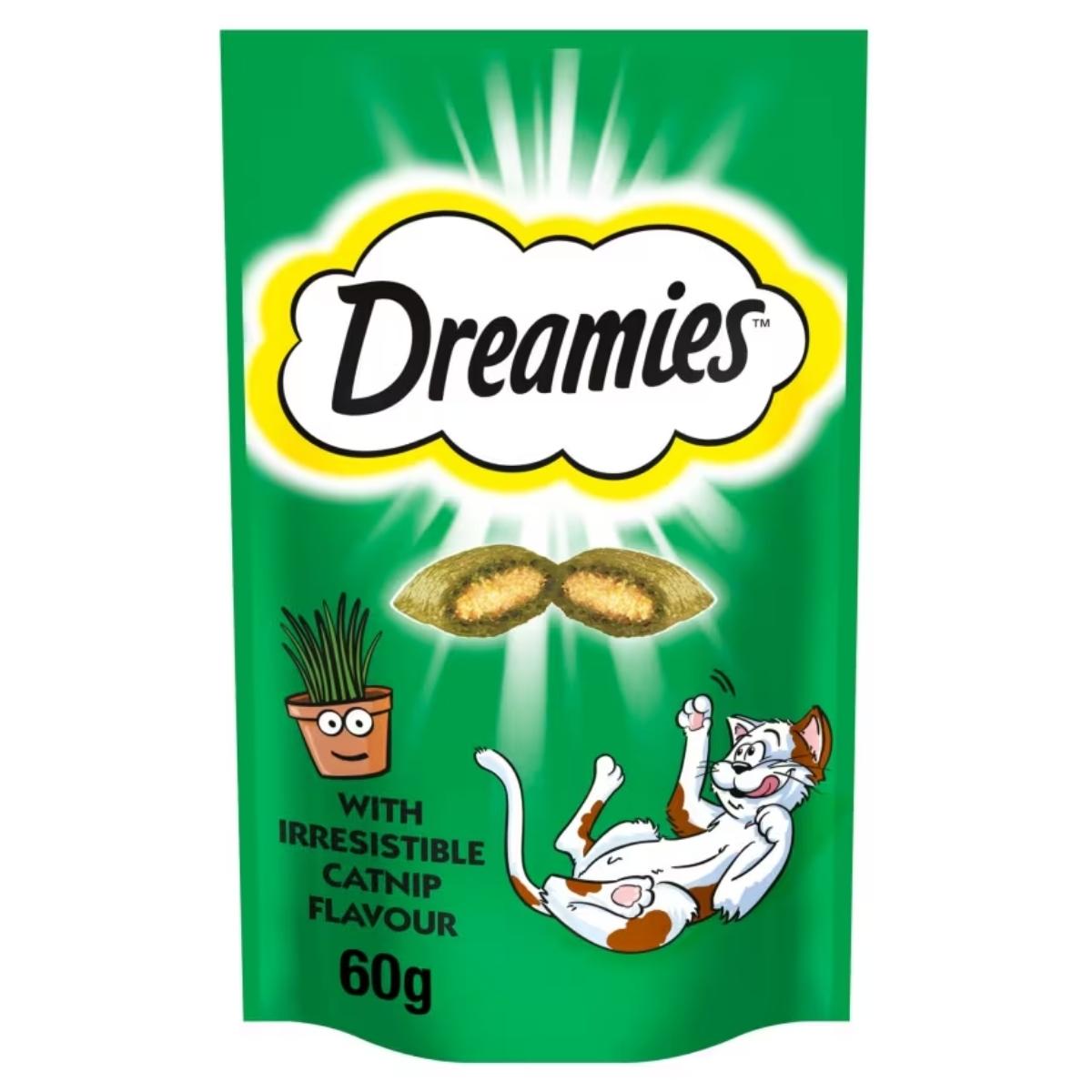 Green pack of Dreamies - Catnip Flavour Cat Treats, 60g, with a cartoon cat and two treats on it.