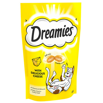 A yellow 60g Dreamies Cheese Cat Treats pouch shows a happy cat illustration and images of the crunchy outside, soft inside cheese-flavored snacks.