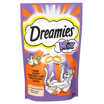 A 60g pouch of Dreamies - Chicken and Duck Cat Treats features Crunchy Cat Snacks, playful illustrations of a cat, chicken, and duck, plus front product info. Brand: Dreamies.