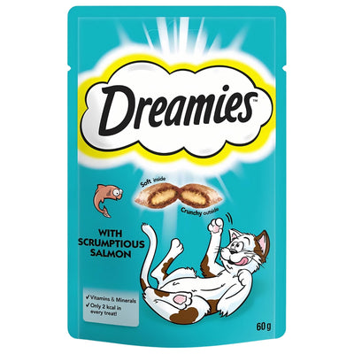 Dreamies - Scrumptious Salmon - 60g cat treats by Dreamies offer irresistible salmon flavor in a crunchy shell with a soft center, packed in a 60g bag featuring playful cat imagery.